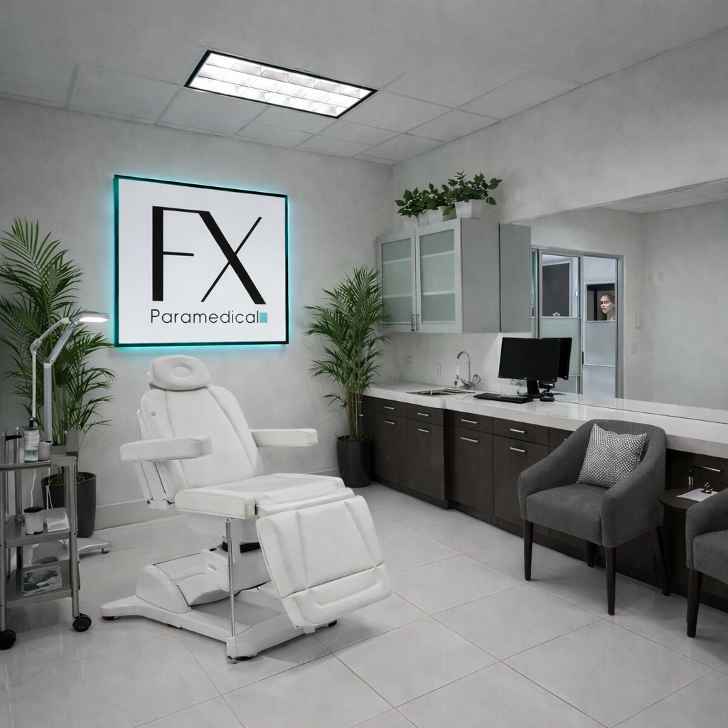 Clean, modern treatment room prepared for an in-office treatment day